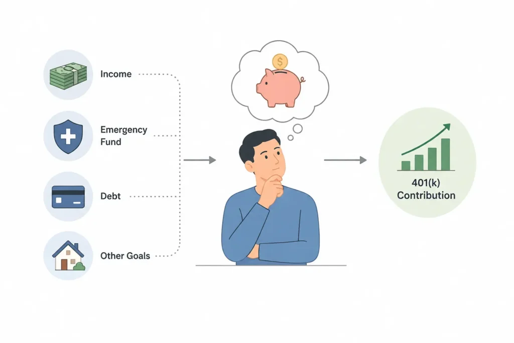 Illustration showing income, emergency savings, debt, and other financial goals being considered before deciding how much to contribute to a 401(k).