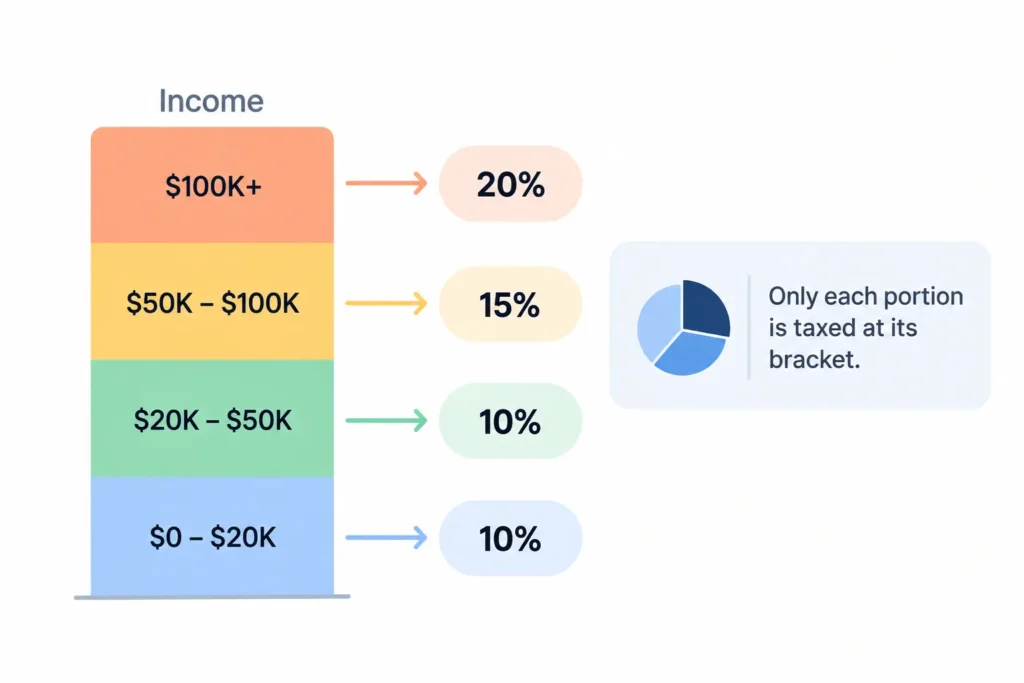 Infographic showing how U.S. tax brackets apply different tax rates to different portions of income rather than taxing all income at one rate.