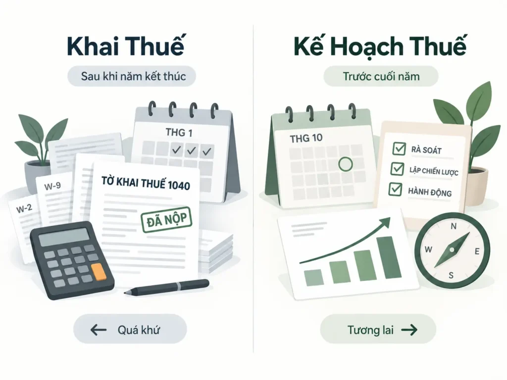 Infographic so sánh khai thuế và kế hoạch thuế, với khai thuế tập trung vào những gì đã xảy ra trong năm và kế hoạch thuế tập trung vào các quyết định trước khi năm kết thúc.