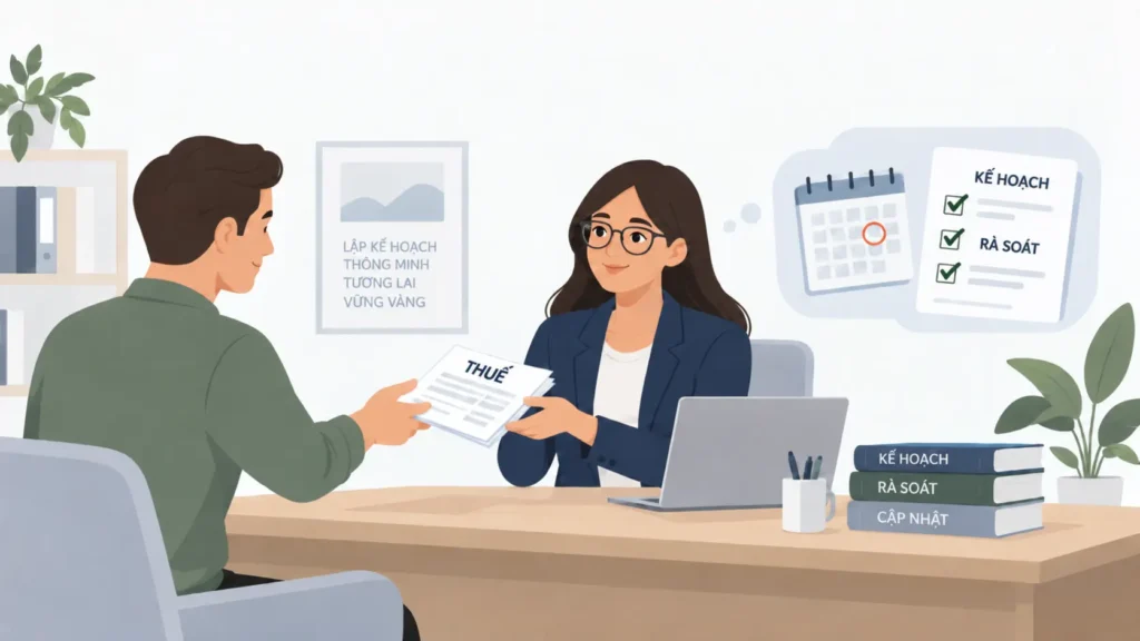 Minh họa người nộp thuế trao đổi với người khai thuế, nhấn mạnh rằng có người khai thuế không đồng nghĩa với không cần quan tâm đến kế hoạch thuế.