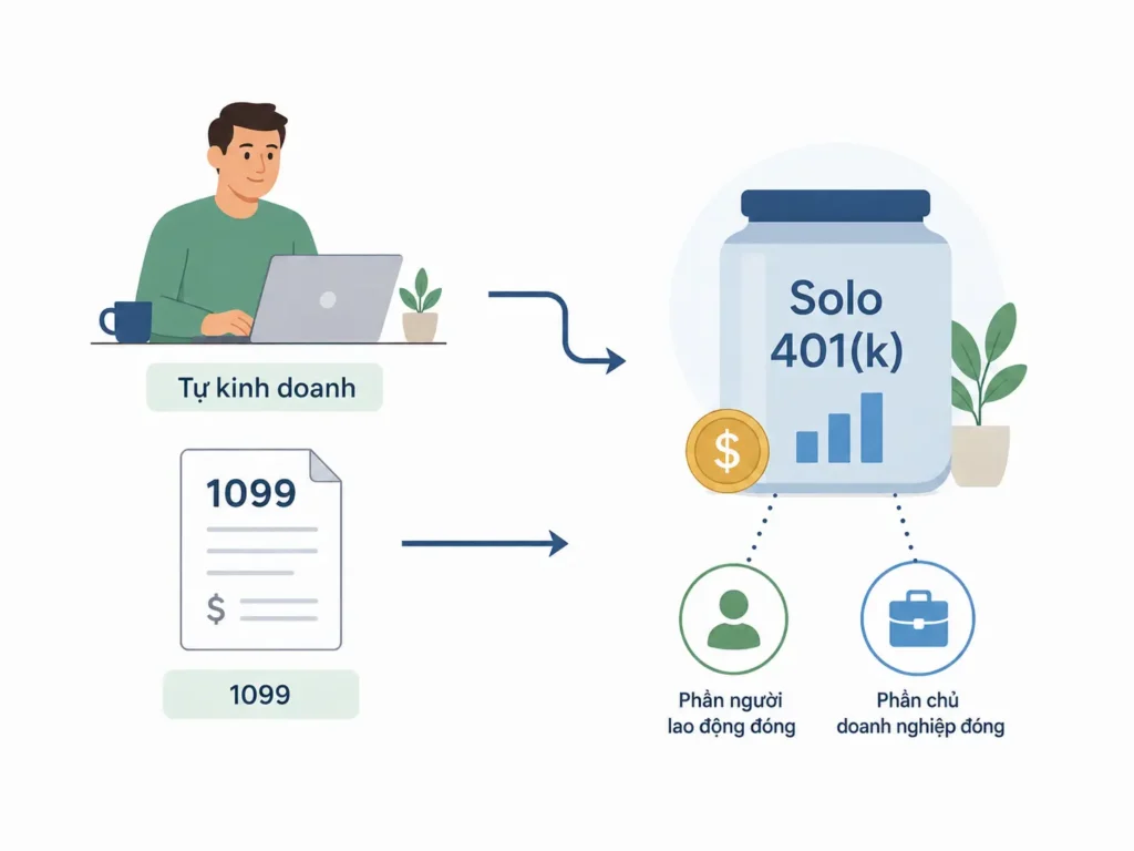 Minh họa người tự kinh doanh hoặc có thu nhập 1099 đóng góp vào Solo 401(k) với vai trò người lao động và chủ doanh nghiệp.