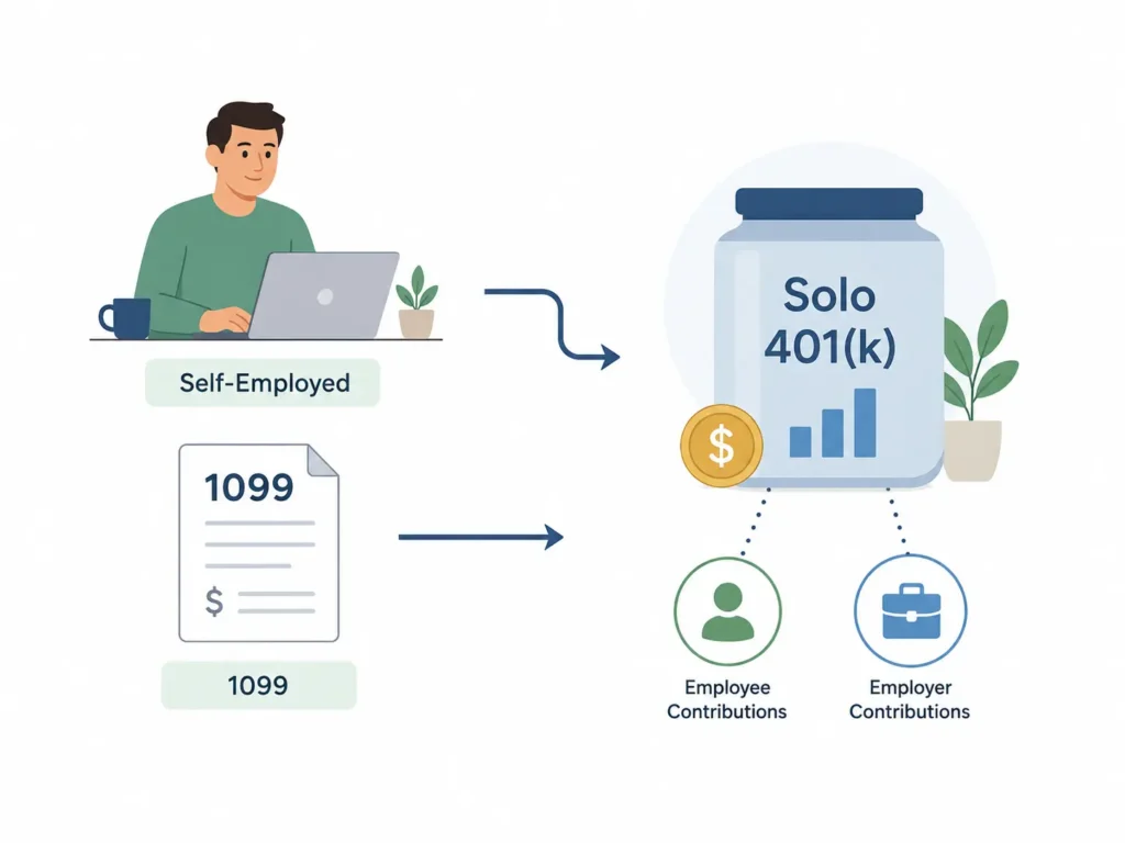 Illustration showing a self-employed or 1099 worker contributing to a Solo 401(k) as both employee and employer.