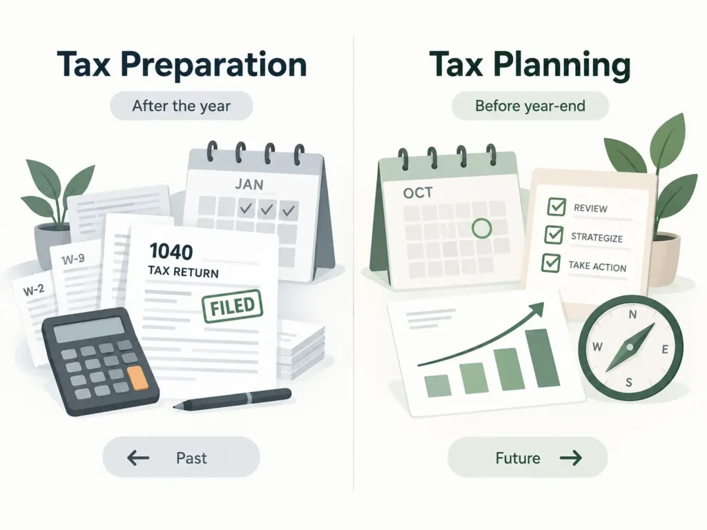 Infographic comparing tax preparation, which reviews what already happened during the year, with tax planning, which focuses on financial decisions before year-end.