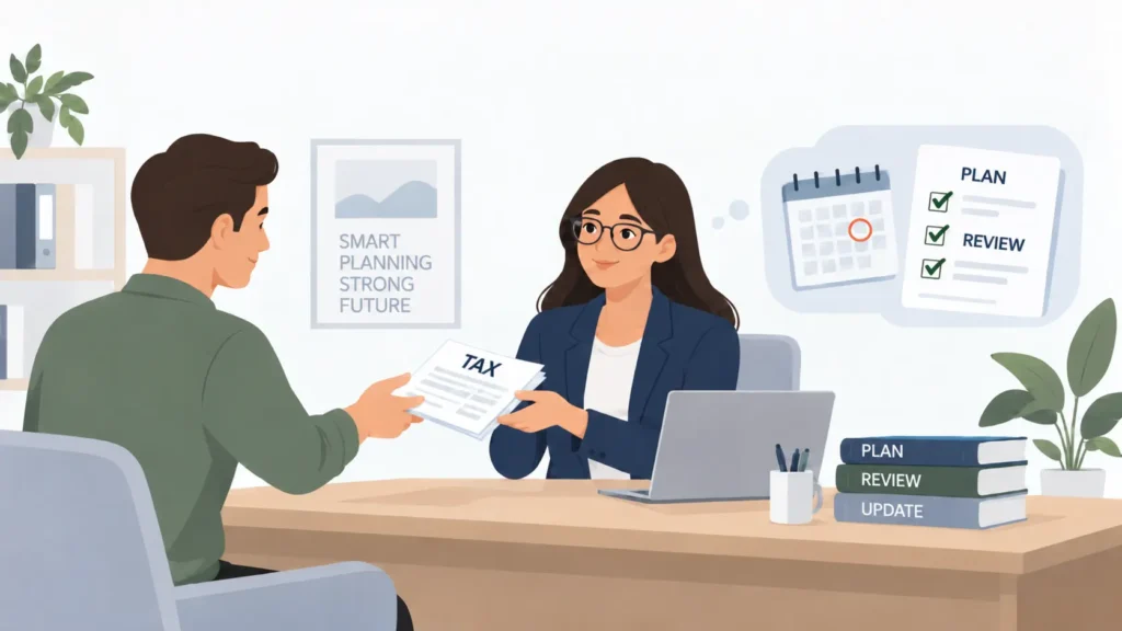 Illustration of a taxpayer meeting with a tax preparer, showing that having a tax preparer does not eliminate the need to understand and manage your tax situation.