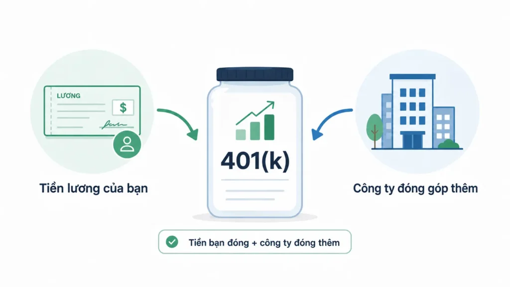 Minh họa tiền từ lương của người lao động và phần công ty đóng thêm được đưa vào tài khoản 401(k).