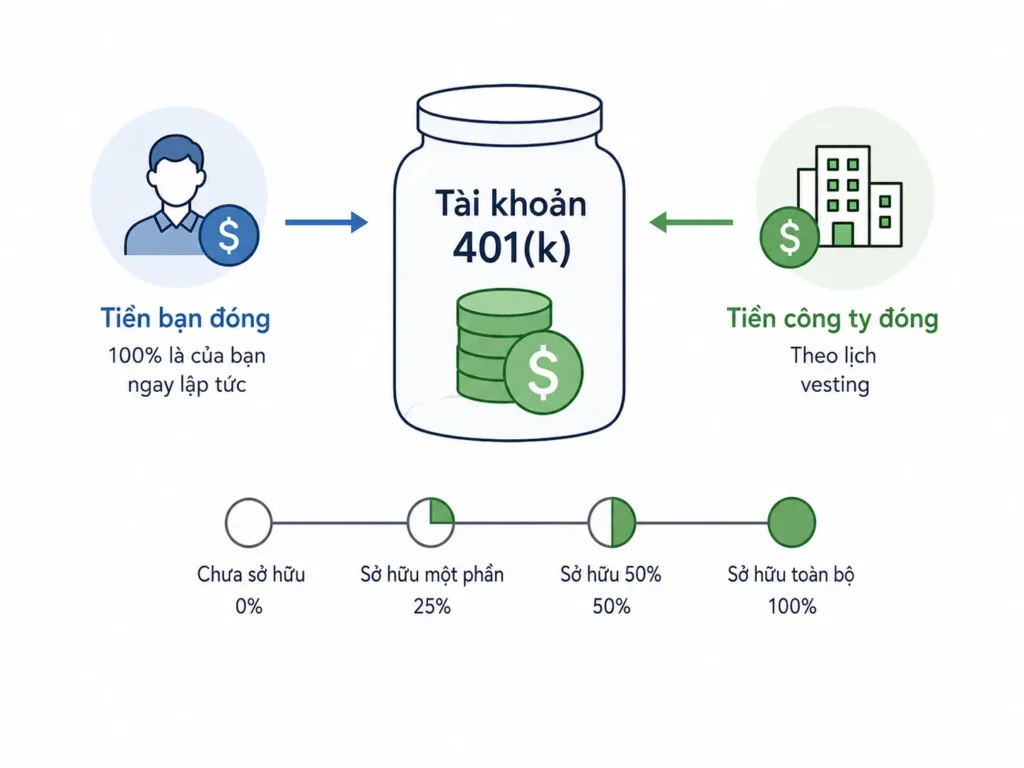 Minh họa phần tiền người lao động tự đóng vào 401(k) thuộc về mình ngay, trong khi phần công ty đóng thêm có thể phải theo lịch vesting.