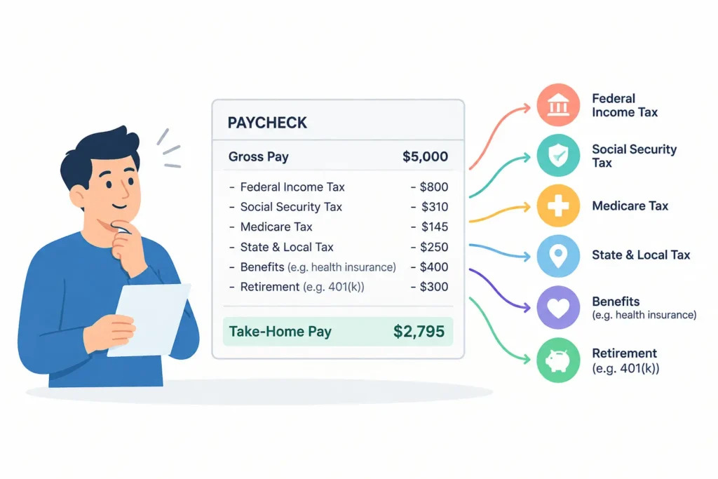 Illustration of a U.S. paycheck showing deductions for federal income tax, Social Security, Medicare, state and local taxes, employee benefits, and 401(k) contributions.