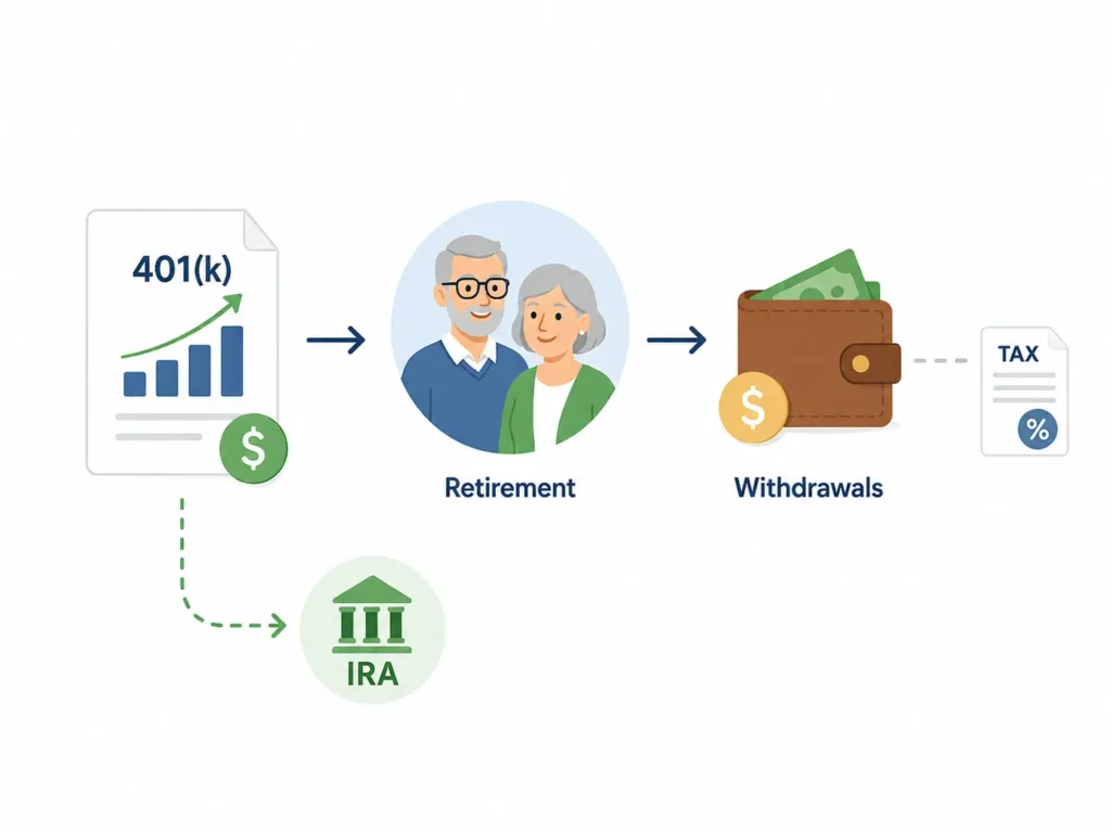 Illustration showing a 401(k) at retirement, including withdrawals, potential taxes, and the option to roll the account into an IRA.