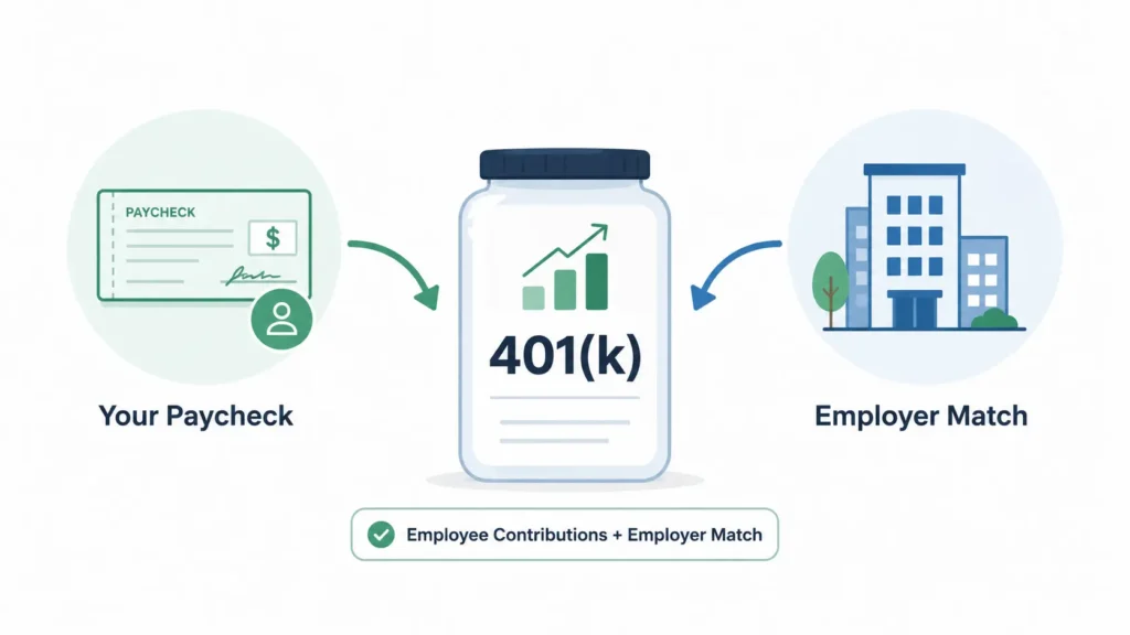 Illustration showing money flowing into a 401(k) from an employee paycheck and employer match.
