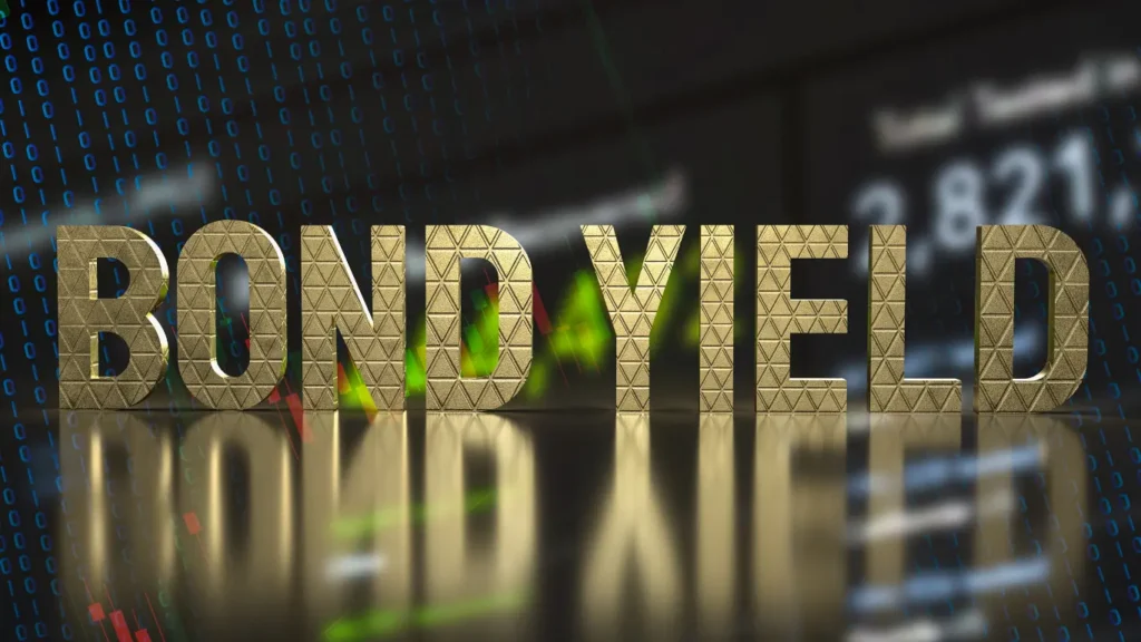 Gold “BOND YIELD” text in front of financial market graphics, price charts, and digital data representing bond yields and fixed-income investing.