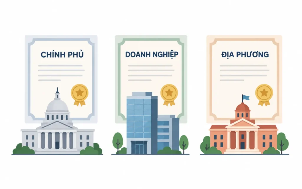 Minh họa phẳng về ba nhóm bond phổ biến với tòa nhà chính phủ, tòa nhà doanh nghiệp và trụ sở chính quyền địa phương.