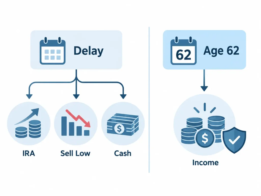 Minimalist comparison showing delayed Social Security leading to IRA withdrawals, selling investments low, and using cash reserves, versus claiming at age 62 for added income.