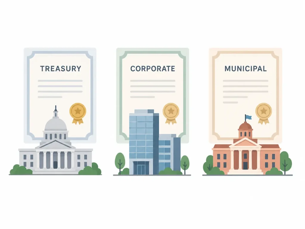 Flat illustration showing three bond categories represented by a U.S. government building, a corporate office building, and a local government building.