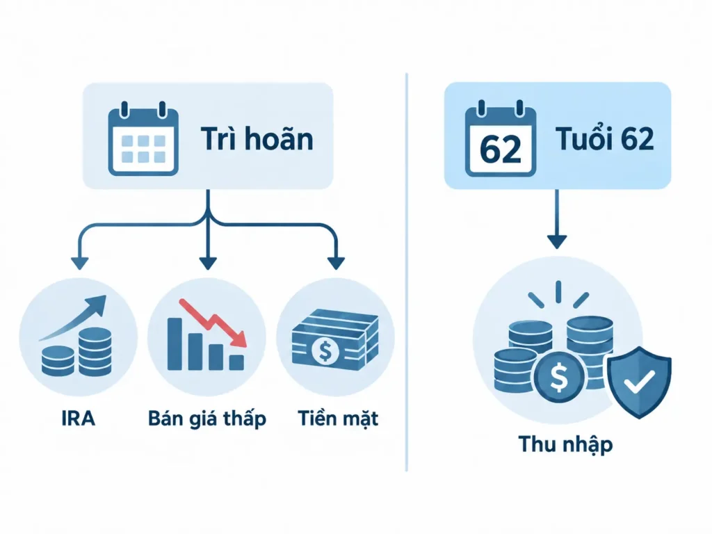 Hình minh họa tối giản so sánh việc trì hoãn Social Security dẫn đến rút IRA, bán đầu tư giá thấp và dùng tiền mặt với việc nhận Social Security ở tuổi 62 để có thêm thu nhập.