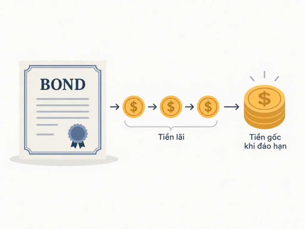 Minh họa phẳng về một bond tạo ra các khoản tiền lãi định kỳ và hoàn trả tiền gốc khi đến ngày đáo hạn.