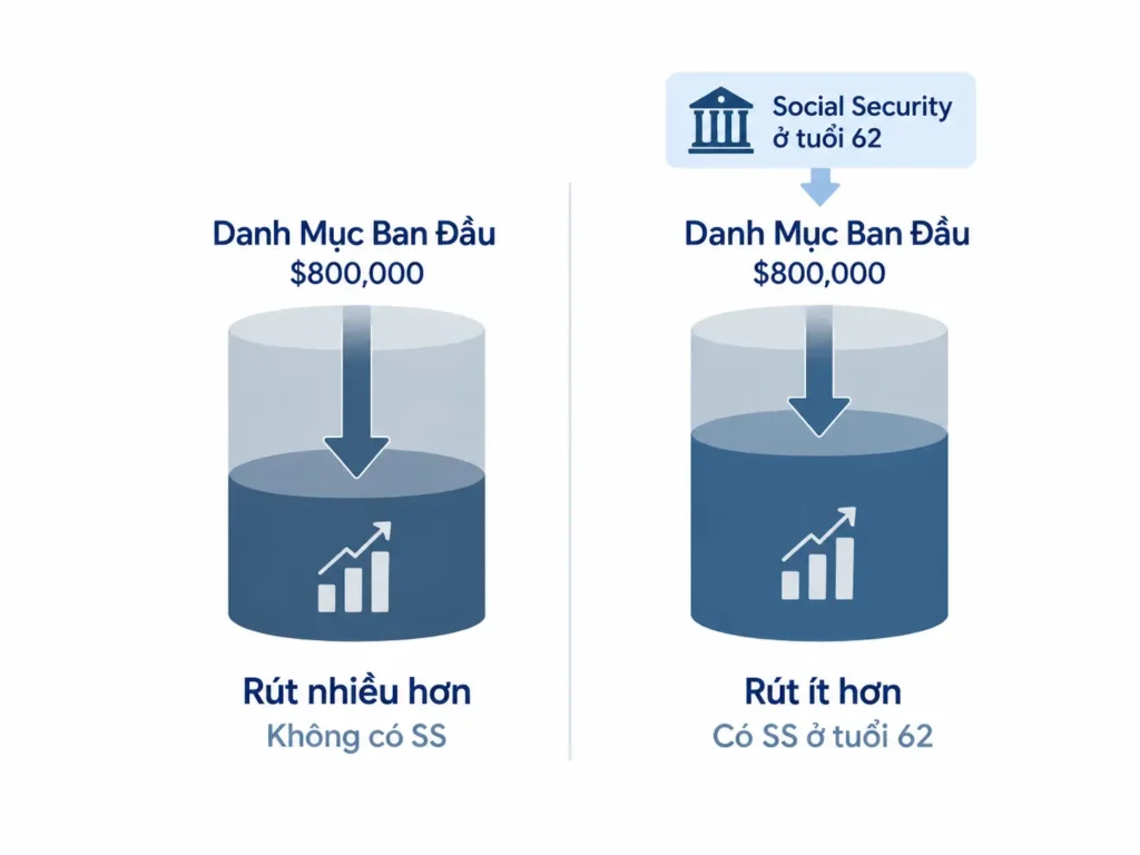 So sánh hai danh mục đầu tư ban đầu $800,000, một bên rút nhiều hơn khi chưa có Social Security và một bên rút ít hơn khi nhận Social Security ở tuổi 62.