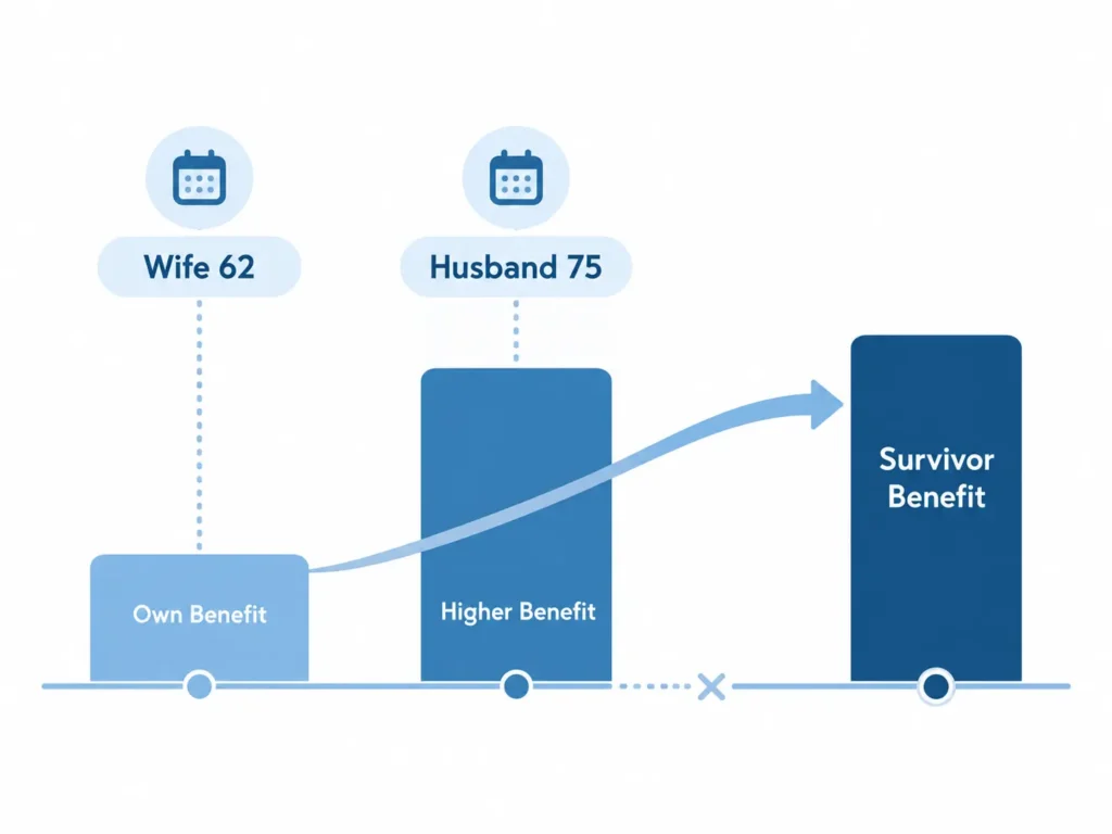 Minimalist Social Security chart showing Wife 62, Husband 75, the wife’s own benefit, the husband’s higher benefit, and a transition to survivor benefit.