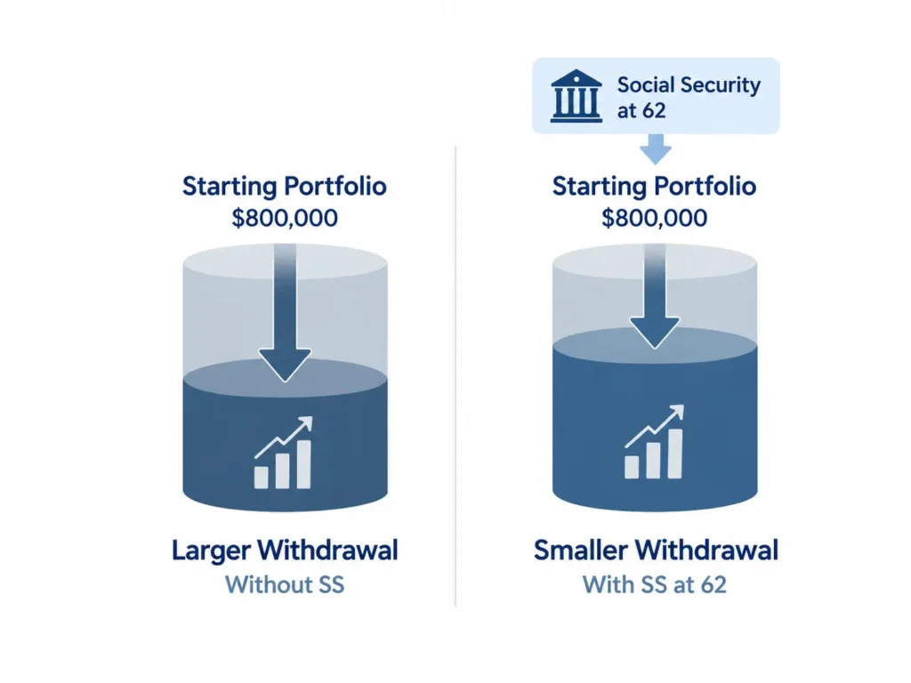 Comparison of two $800,000 retirement portfolios showing a larger withdrawal without Social Security and a smaller withdrawal with Social Security at age 62.