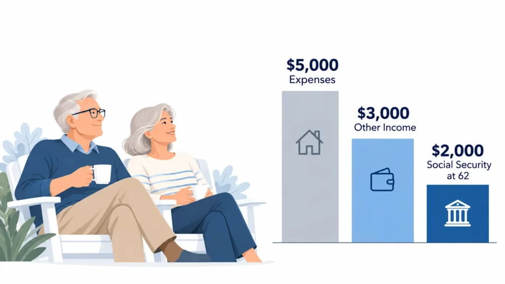 Retired couple beside a simple chart showing $5,000 in expenses, $3,000 in other income, and $2,000 in Social Security at age 62.