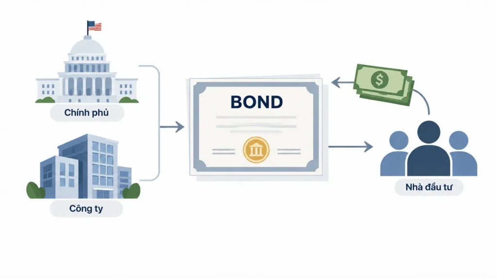 Minh họa phẳng cho thấy chính phủ và công ty phát hành bond cho nhà đầu tư, với dòng tiền quay trở lại bên phát hành.
