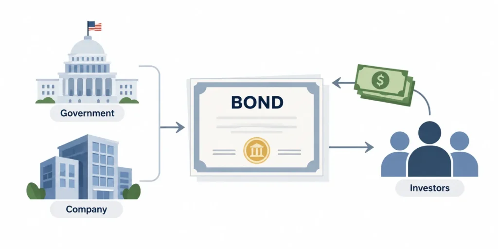 Flat illustration showing a government building and company issuing a bond to investors, with money flowing back toward the issuers.